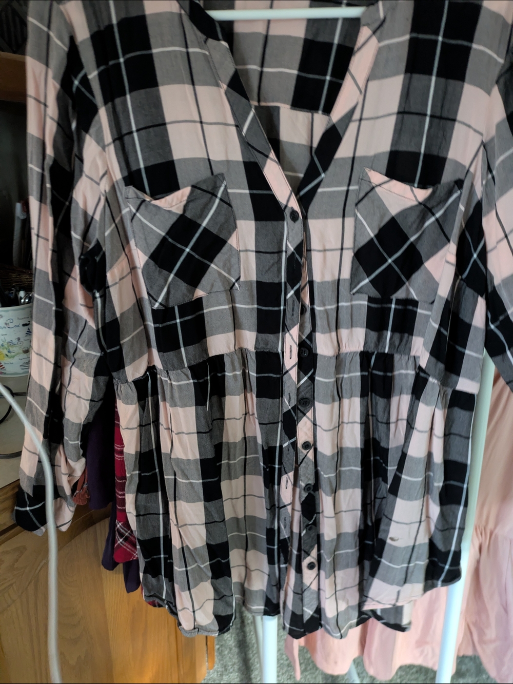 torrid Black Pink & Gray Plaid Button-Front Peplum Blouse